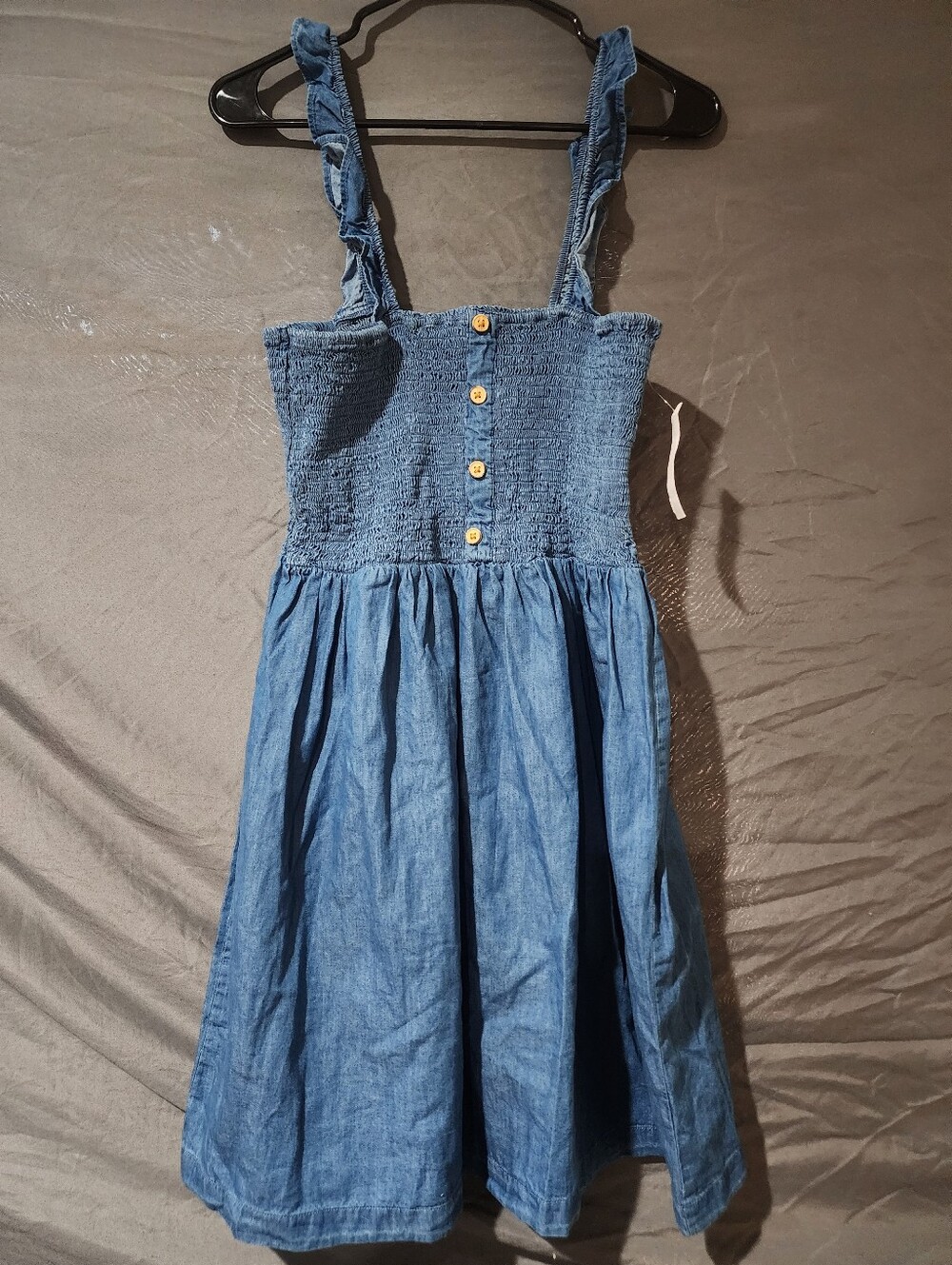 NWT Maison Grey Denim Smocked Ruffle Strap Button Front Midi Sun Dress XL